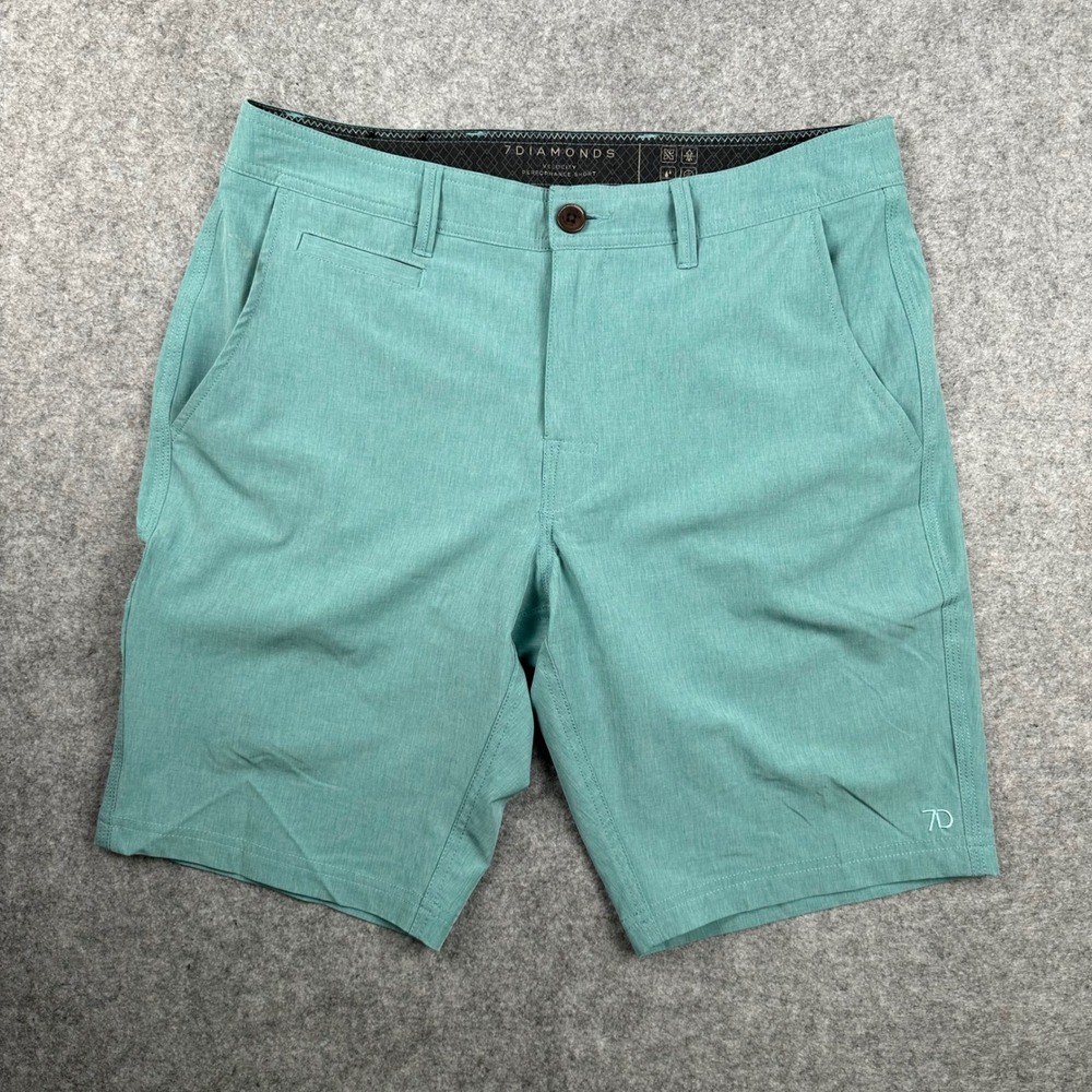 7 Diamonds Velocity Performance Shorts Mens 32 Teal Green Stretch 10" Inseam